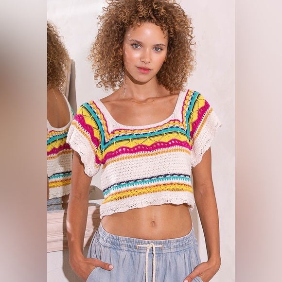POL Tops - POL- Boho Crochet Knit Crop Top Multicolor Striped Festival Summer Size Large